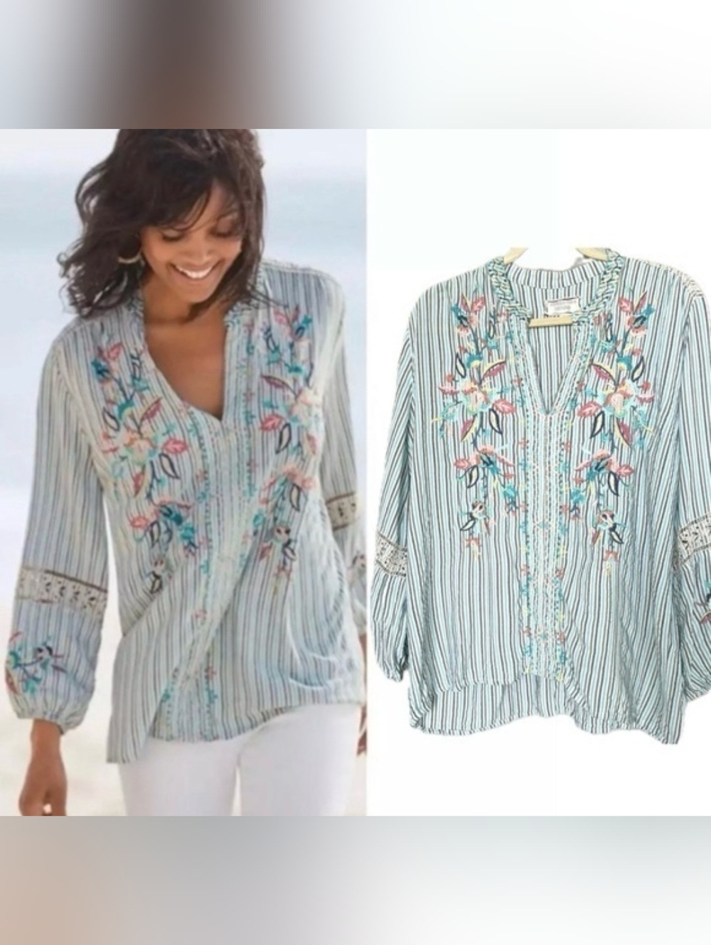 JOHNNY WAS Lightweight Teal Striped Embroidered Front And Back V-Neck Tunic Lg